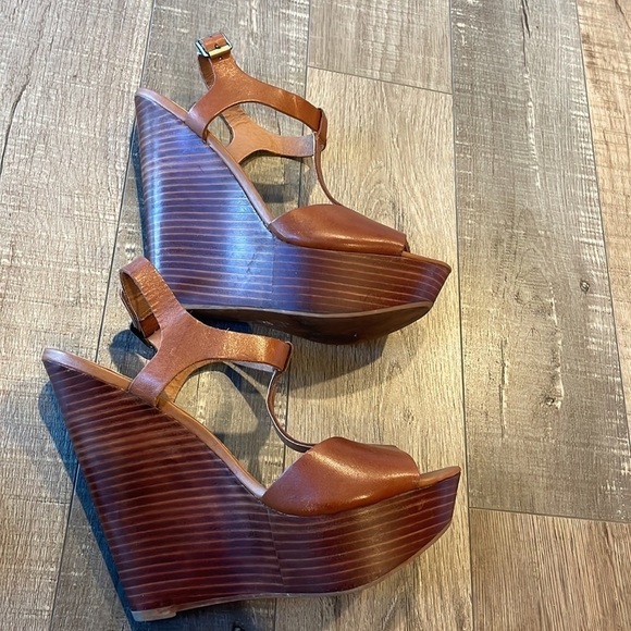 Steve Madden brown leather T strap open toe wood platform sandals size 10 - Picture 4 of 10
